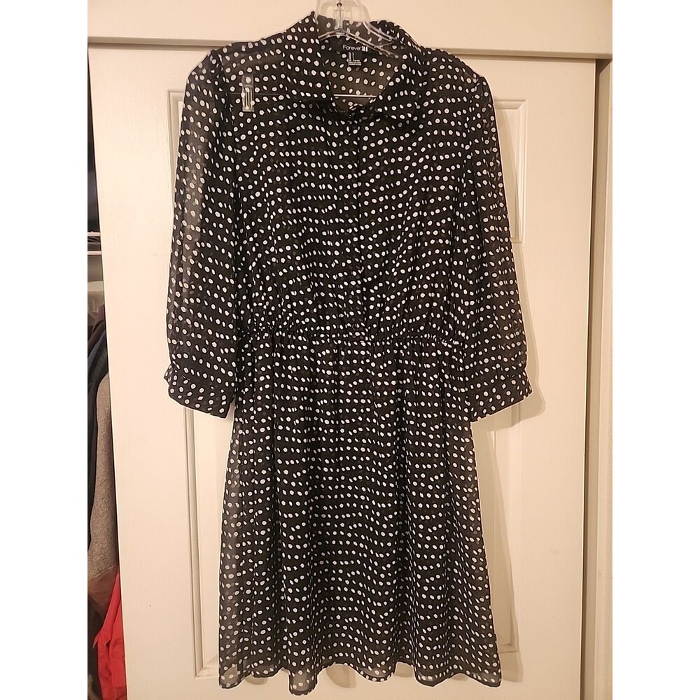 Forever 21 Women's Black Polka Dot Sheer Dress Size L Large Mesh Overlay Layerin
